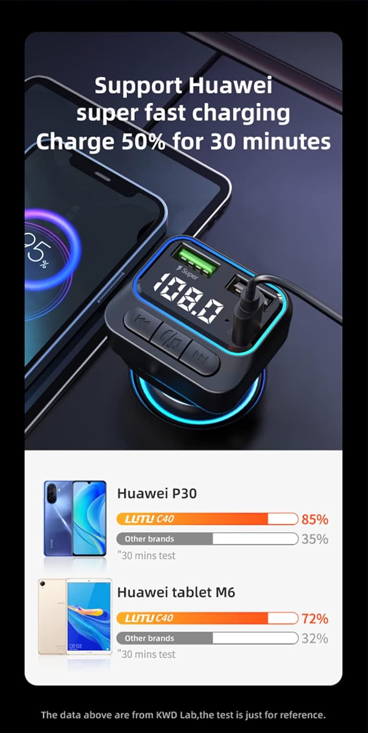OHITEC Bluetooth 5.0 FM Transmitter for Car, Hands Free Calling, LED Screens Display, QC3.0 & PD 22.5W Quick Charger & Lossless Audio Quality Car Radio Bluetooth Adapter, Support USB Disk (C40) - Image 3
